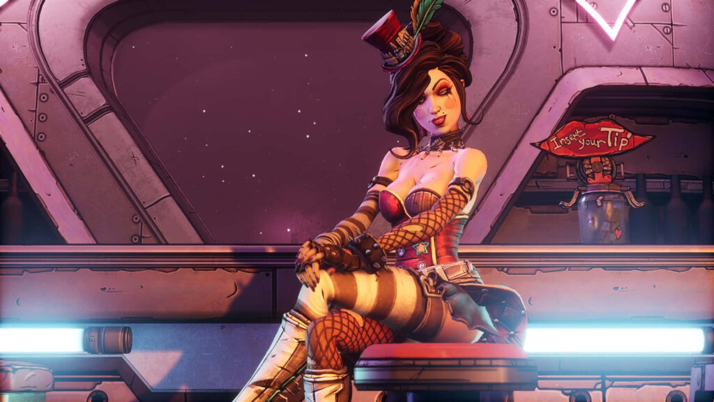 Borderlands 3 Moxxi sitting confidently on bar - vibrant game atmosphere Wallpaper