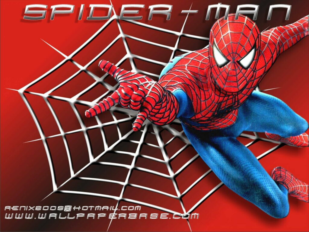 Cartoon Spiderman swinging with detailed web on vibrant red background HD wallpaper.