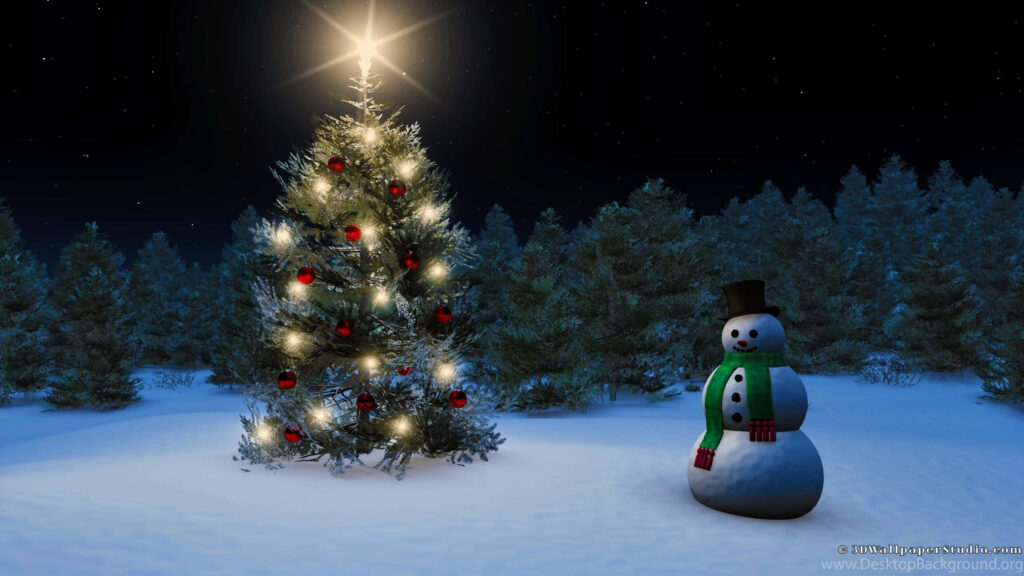 Stunning HD Christmas Wallpaper: Snowy Tree, Snowman & Starry Sky