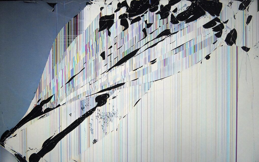 HD monitor broken screen wallpaper with realistic shattered glass and colorful vertical lines