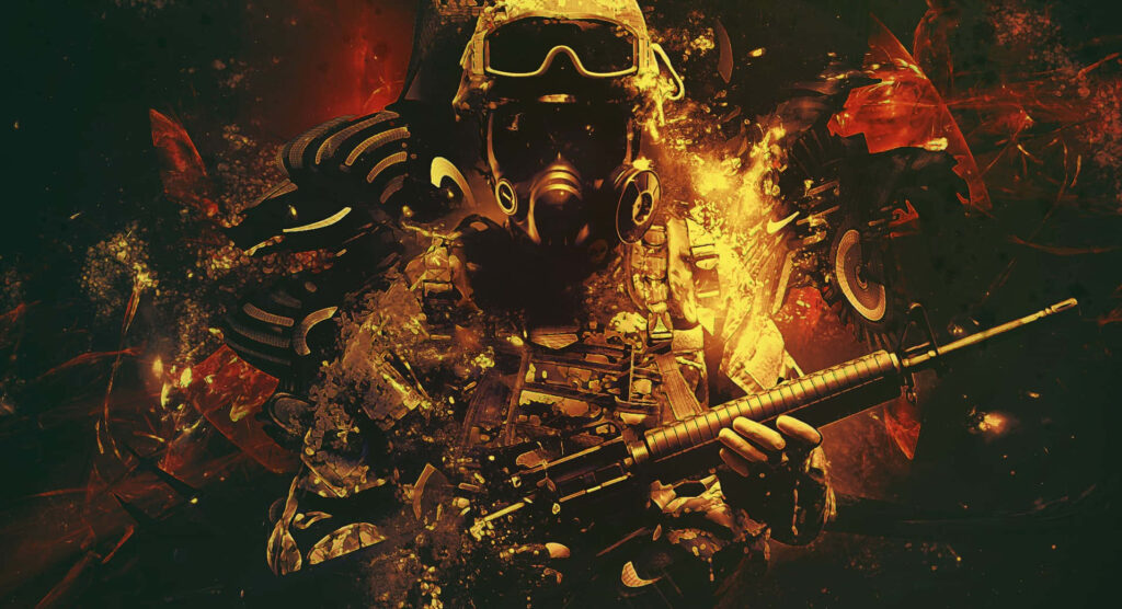 Warrior of Steel: Immersive Counter-Strike Global Background unveils battle-ready soldier with deadly firearm Wallpaper