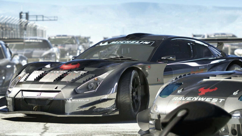 Grid Autosport Racing Game: High-Performance Race Car with Michelin Sponsor Logo on Sunlit Race Track Wallpaper