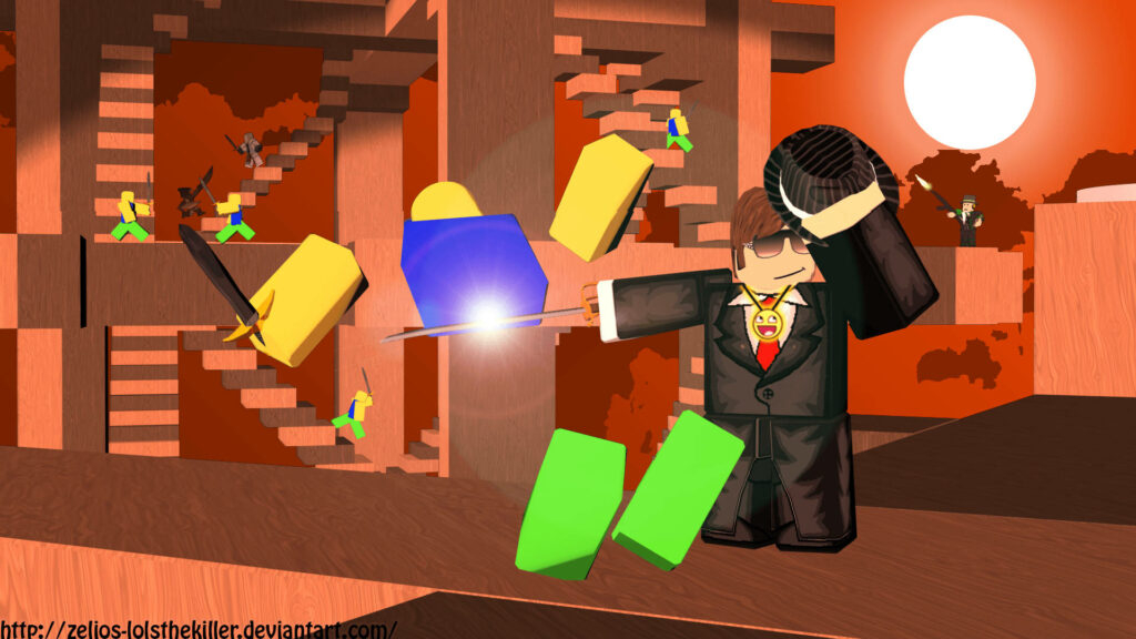 Roblox avatar in tuxedo and fedora slices colorful blocks with sword in sunset wooden arena Wallpaper