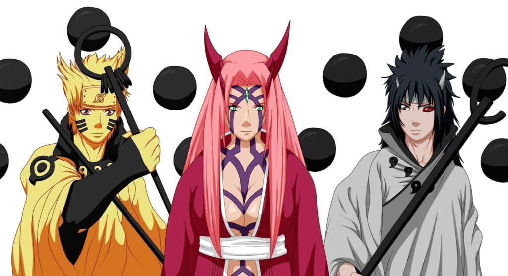 Naruto Anime Trio HD Wallpaper: Naruto, Sakura, Sasuke in Action Against Minimalist Background