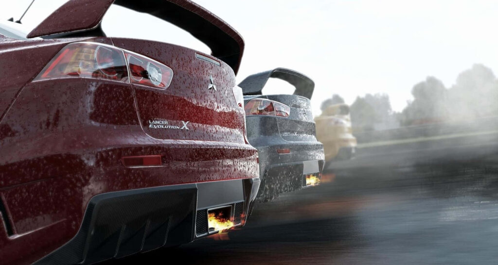 Exciting HD Wallpaper: Mitsubishi Lancer Evolution X in Rainy Action