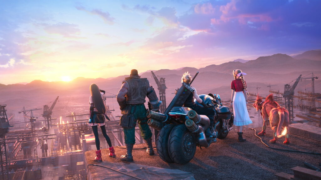 Final Fantasy characters and motorcycle in industrial landscape at sunset wallpaper