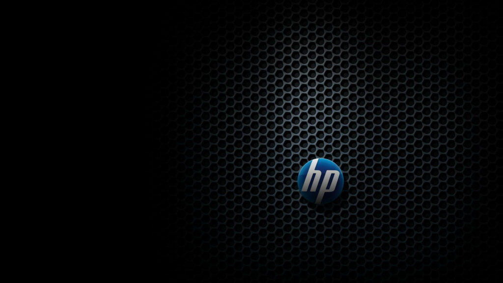 HP logo HD wallpaper with blue circular mark on black metallic honeycomb textured background