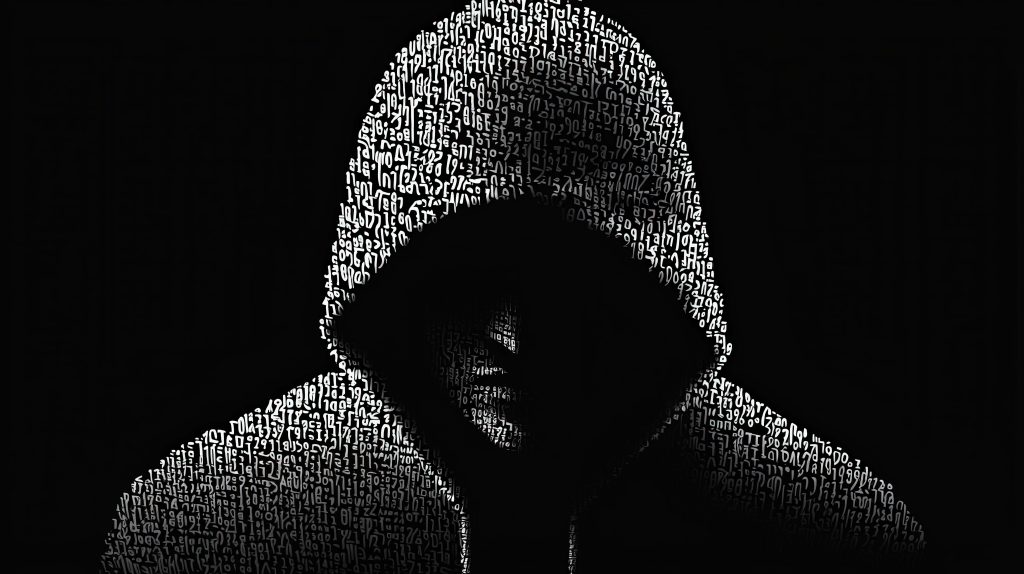 Hooded figure silhouette made of white code symbols on black background tech hacker wallpaper