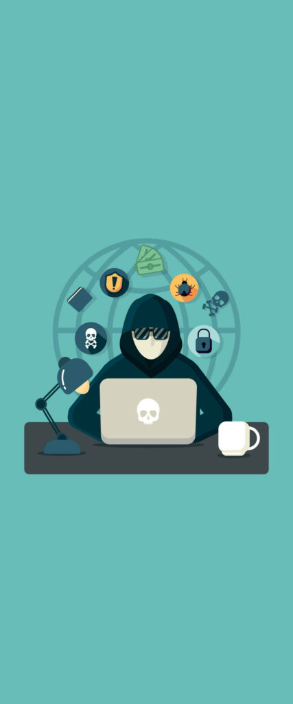 Hacker-Themed Modern Wallpaper: Hooded Figure & Cyber Icons
