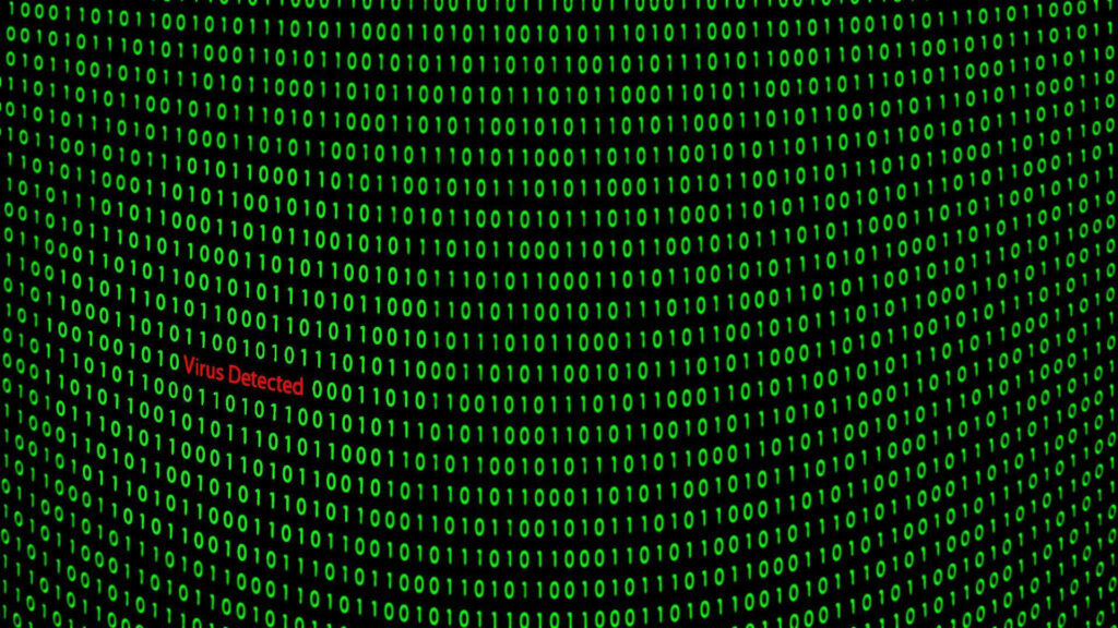 The Matrix Unleashed: A Haunting Wallpaper of Green Binary Codes Hacked by a Virus