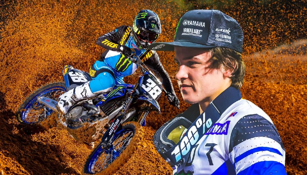 Haiden Deegan motocross in action on Yamaha 38 bike with vibrant blue yellow racing gear wallpaper