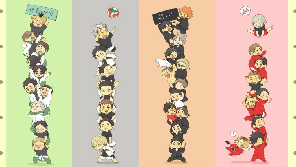 Chibi Haikyu anime characters from Karasuno Nekoma Fukurodani Date Tech on colorful wallpaper