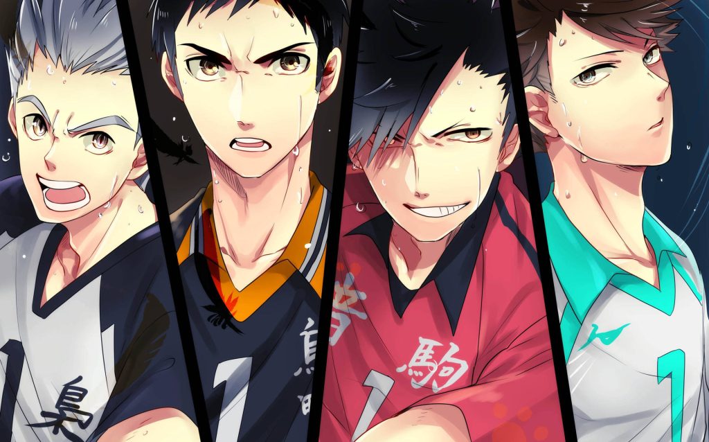 Haikyu wallpaper featuring rivals Hinata Bokuto Kuroo and Oikawa in dynamic anime panel layout
