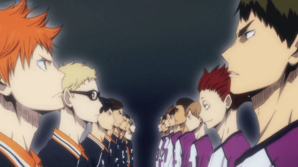 Haikyu anime wallpaper Karasuno Hinata Tsukishima vs Shiratorizawa Ushijima Tendo intense standoff