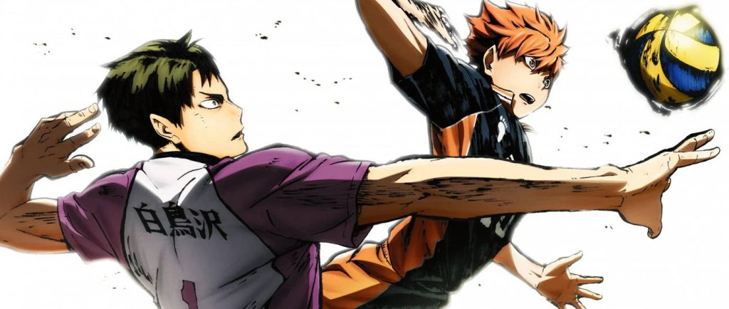 Haikyu anime wallpaper with rivals Wakatoshi Ushijima and Shoyo Hinata in intense volleyball match
