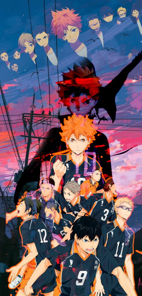 Haikyuu wallpaper Karasuno volleyball team Hinata Kageyama sunset crow silhouette anime art