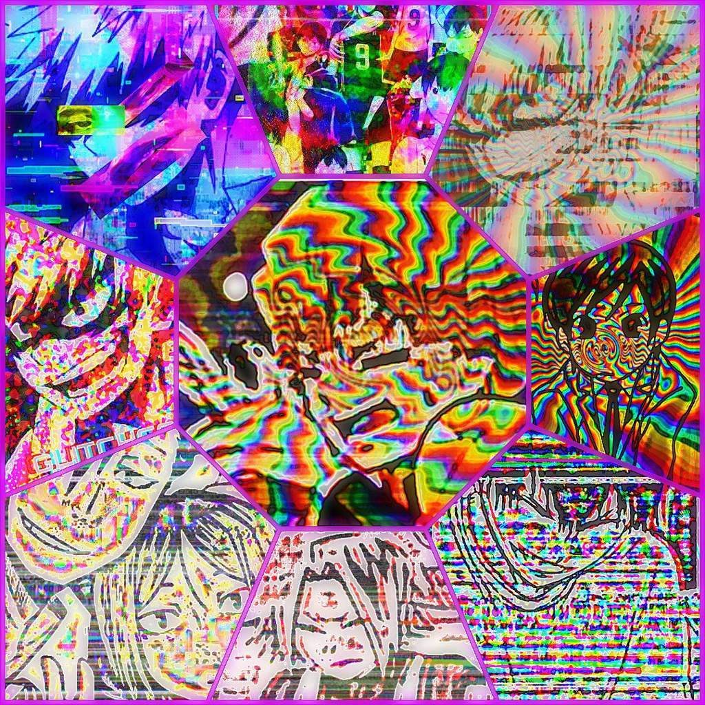 Vibrant Haikyuu anime glitchcore wallpaper with neon hexagonal collage and psychedelic colors