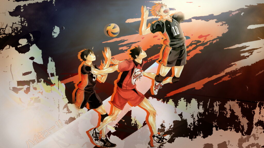 Rising Volleyball Stars: A Haikyuu!! Tribute featuring Hinata Shouyou, Kageyama Tobio, and Kurō Tetsurō in HD Wallpaper Background Photo