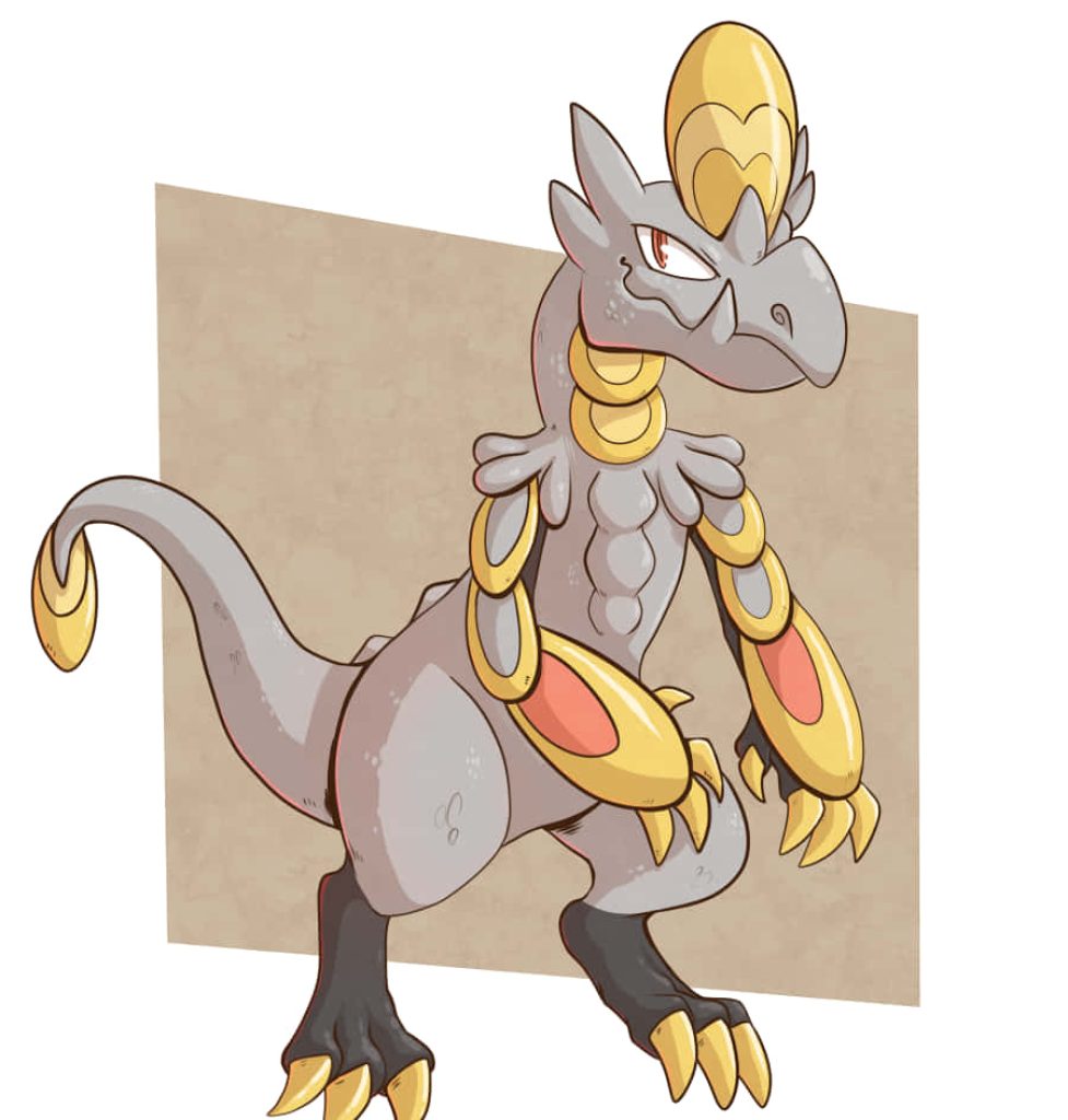 Hakamo-o Pokémon digital art with grey scales and gold armor on beige minimalist background Wallpaper