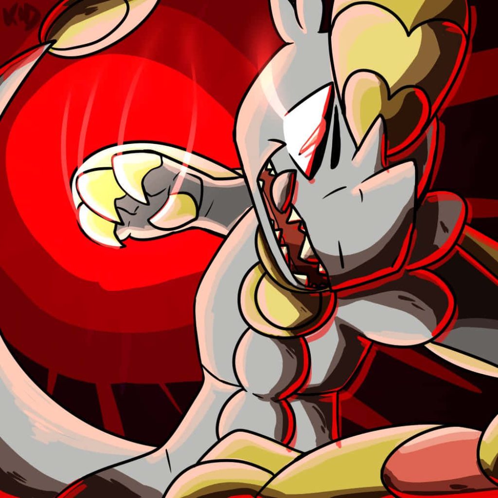 Hakamo-o Dragon Pokémon digital art with glowing red background and dynamic claw attack wallpaper