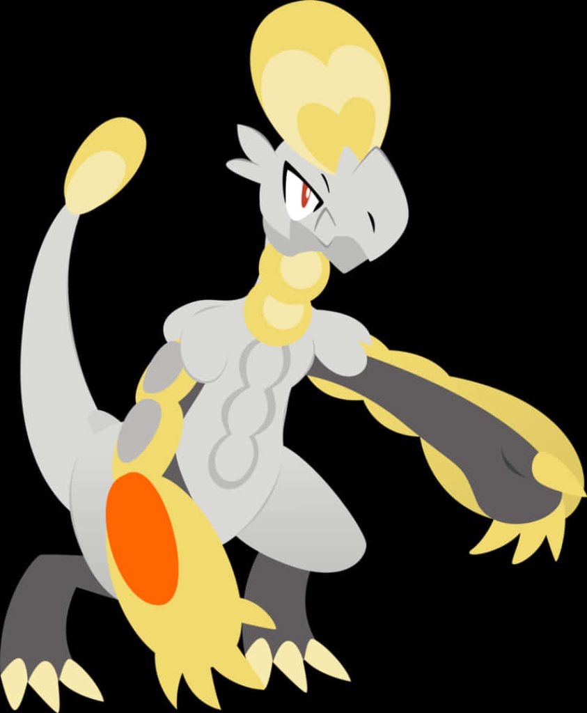 Hakamo-o Fighting Dragon Pokémon vector art with grey scales yellow armor on black background wallpaper