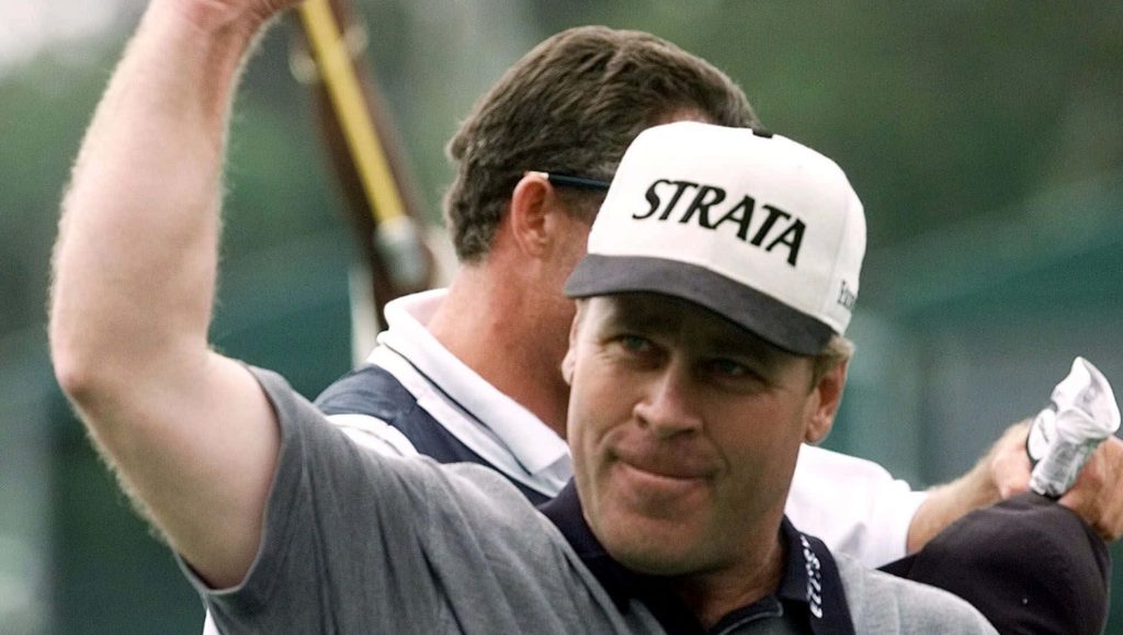 Hal Sutton celebrating victory wearing white black STRATA golf cap iconic golf moment wallpaper