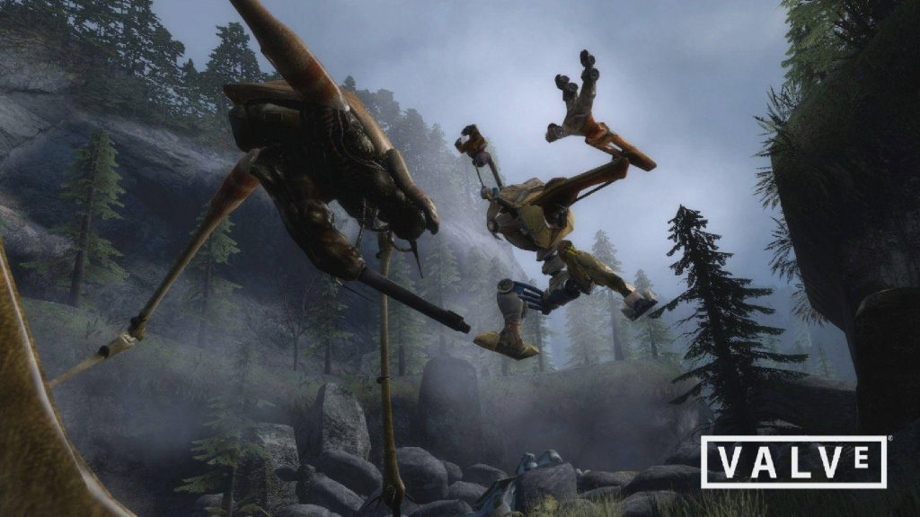 Half-Life 2 Episode Two wallpaper Dog attacks Combine Strider in misty rocky forest action scene