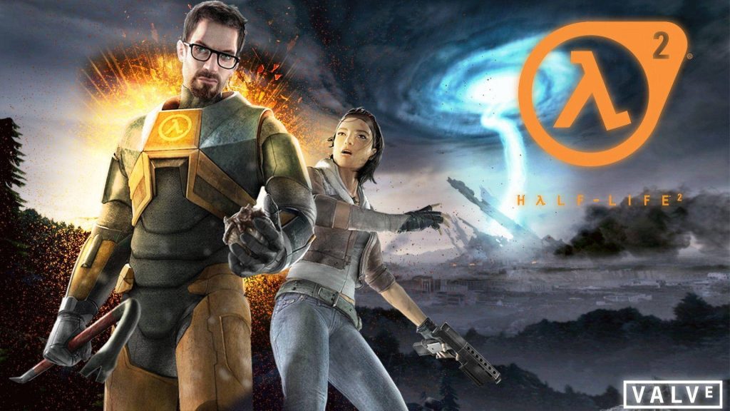 Half-Life 2 wallpaper Gordon Freeman with crowbar and Alyx Vance in devastated city energy vortex