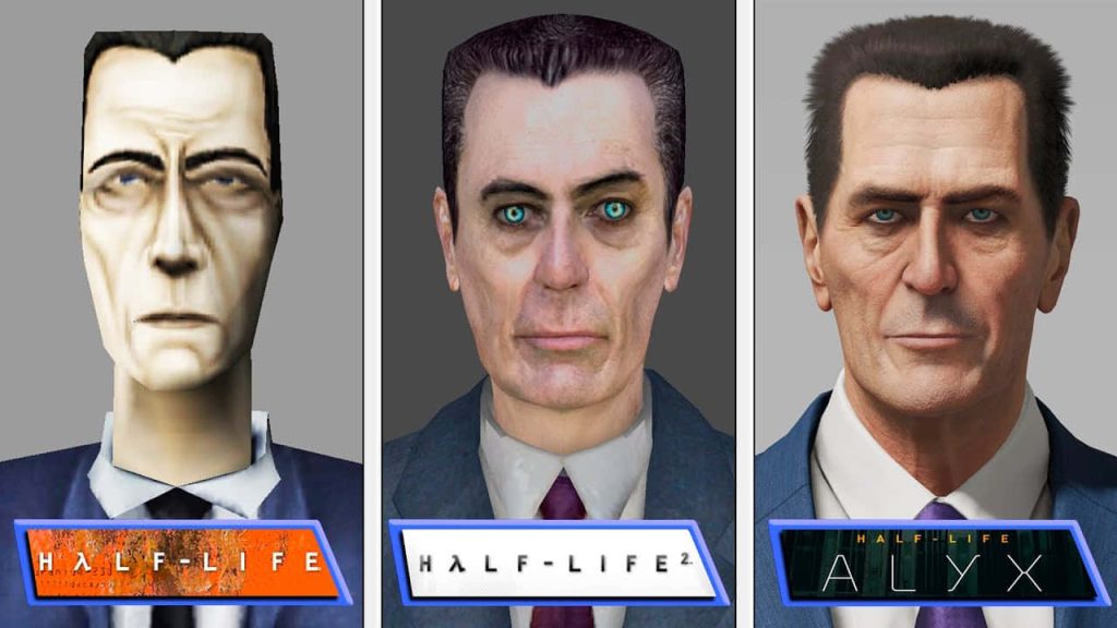 Half-Life G-Man evolution wallpaper showing CGI design progression through three game titles