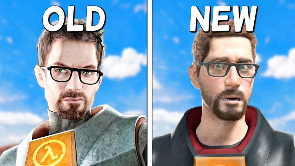 Half-Life Gordon Freeman side-by-side classic and CGI HEV suit comparison wallpaper background