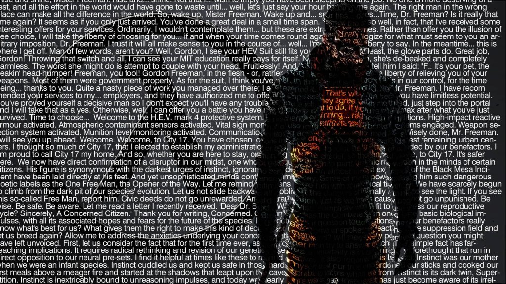 Half-Life Gordon Freeman silhouette formed by game dialogue on dark atmospheric wallpaper background
