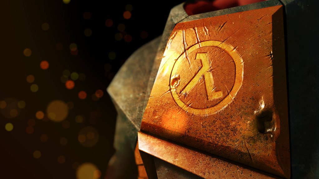 Close-up of Lambda logo on rusted HEV suit plate with warm lighting Half-Life wallpaper background