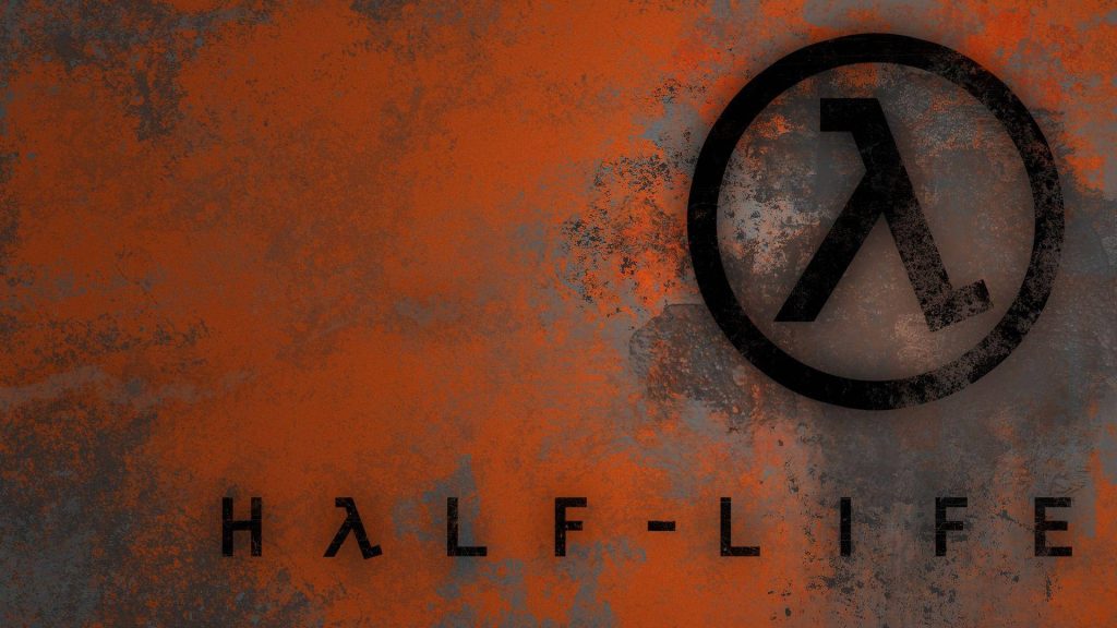 Half-Life wallpaper with Lambda logo and title on rusty orange and grey industrial metal background