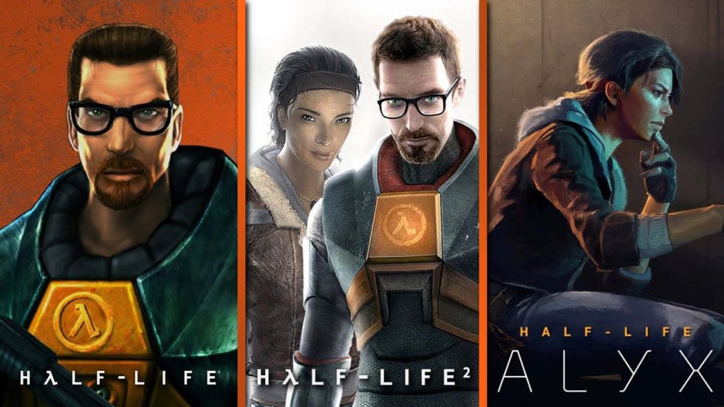Half-Life series wallpaper triptych with Gordon Freeman HEV suit Alyx Vance iconic sci-fi art