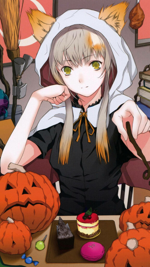 Spooky Sweet Tooth: HD Halloween Anime Phone Wallpaper Features Cake-Loving Cosplayer