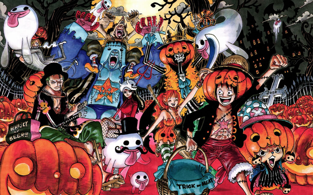 One Piece Straw Hat Pirates Rocking Halloween Costumes in a Spooky Setting Wallpaper