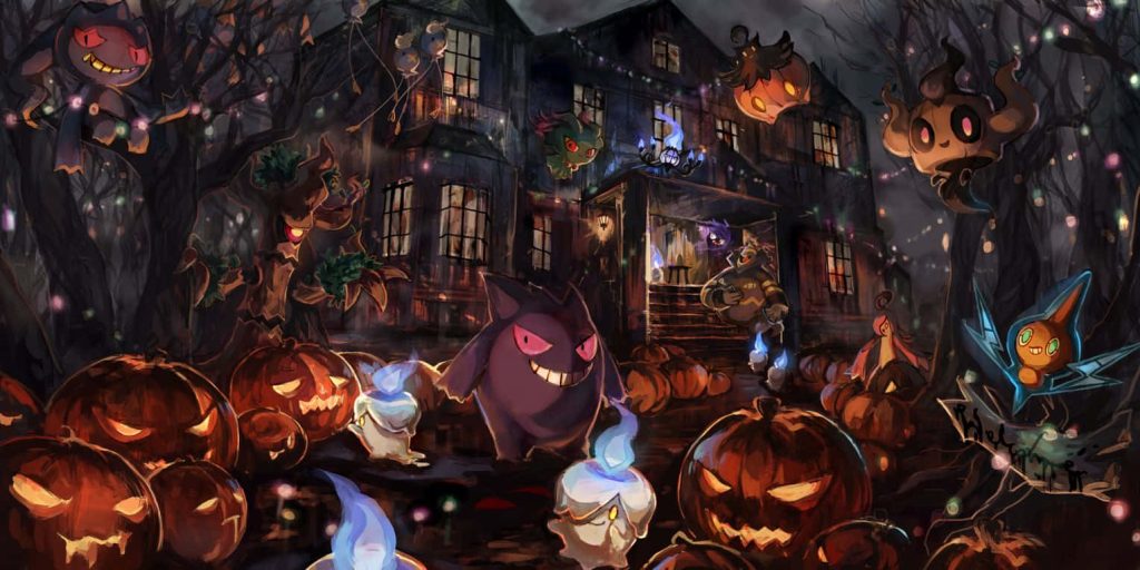 Ghost Pokémon wallpaper with Gengar Litwick Pumpkaboo Trevenant haunted mansion and jack o lanterns