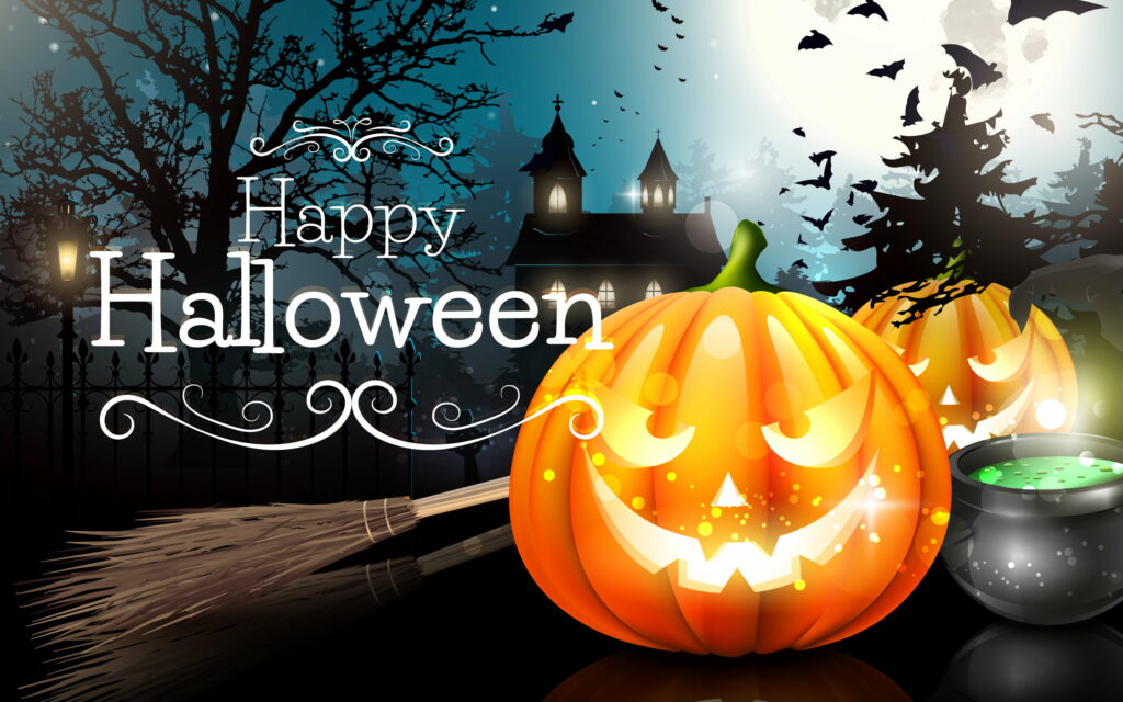 Glowing Halloween Greetings: Bewitched Pumpkin in Haunting Darkness - QHD Wallpaper