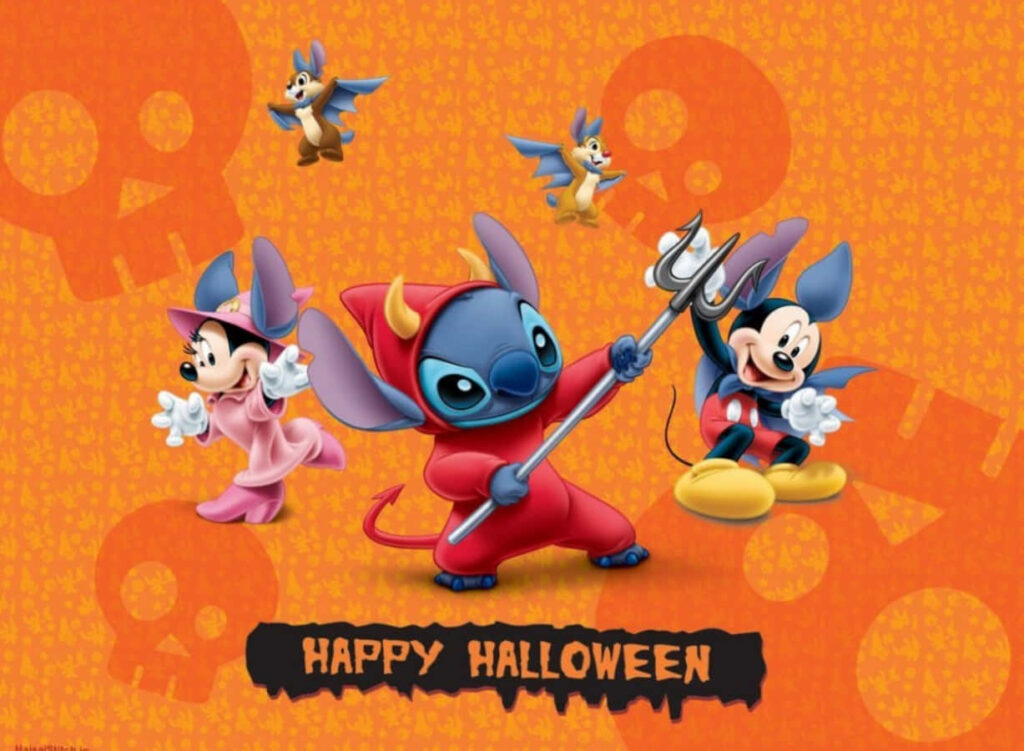 Stitch as Devil with Mickey & Minnie - Halloween Wallpaper Background