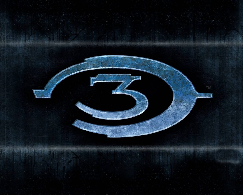 Halo 3 wallpaper metallic blue logo weathered industrial finish dark sci-fi background desktop