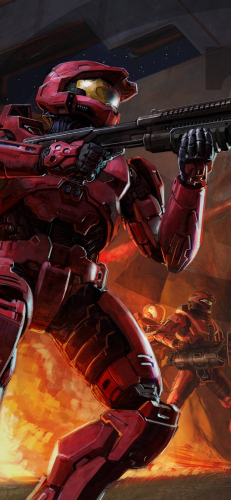 Red Spartan soldier in Halo 3 armor amid fiery battlefield intense sci-fi combat wallpaper