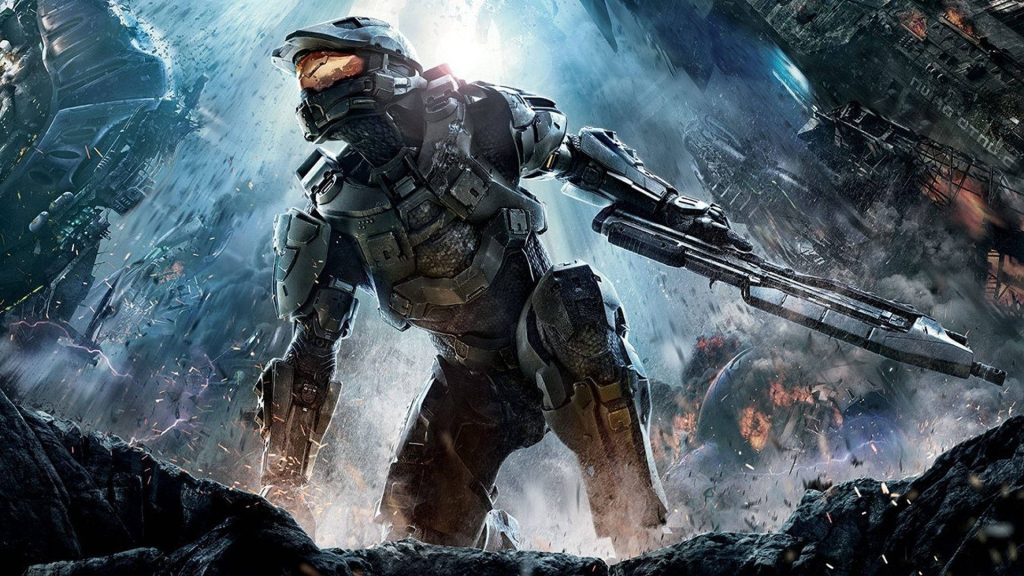 Master Chief in green armor battles amid explosions in Halo 4 sci-fi wallpaper background