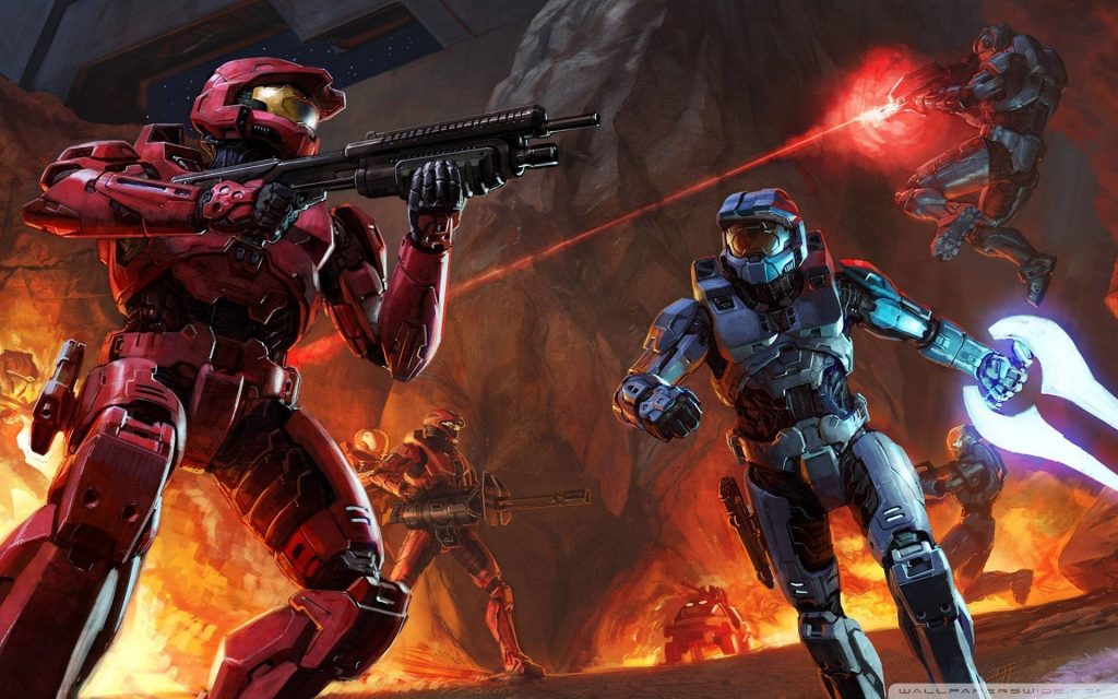 Halo digital wallpaper Spartans in power armor in fiery battle with rifle and energy sword