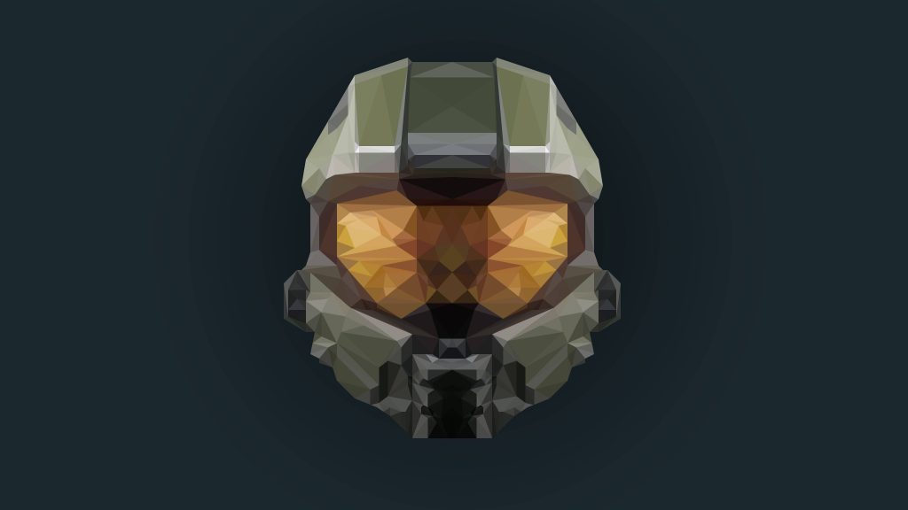 Halo Infinite polygonal art wallpaper Master Chief helmet low-poly olive green armor orange visor