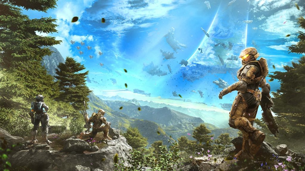 Halo Infinite digital art Master Chief Spartans scout vibrant mountains shattered Halo ring sky Wallpaper
