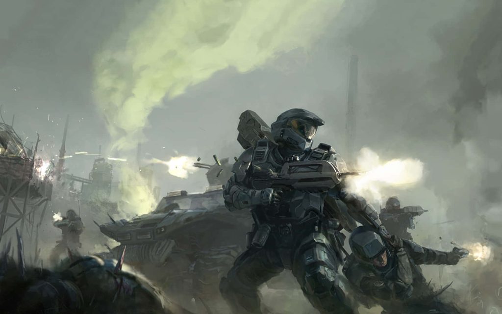 Halo wallpaper Master Chief UNSC soldiers battle smoke muzzle flashes Warthog industrial ruin