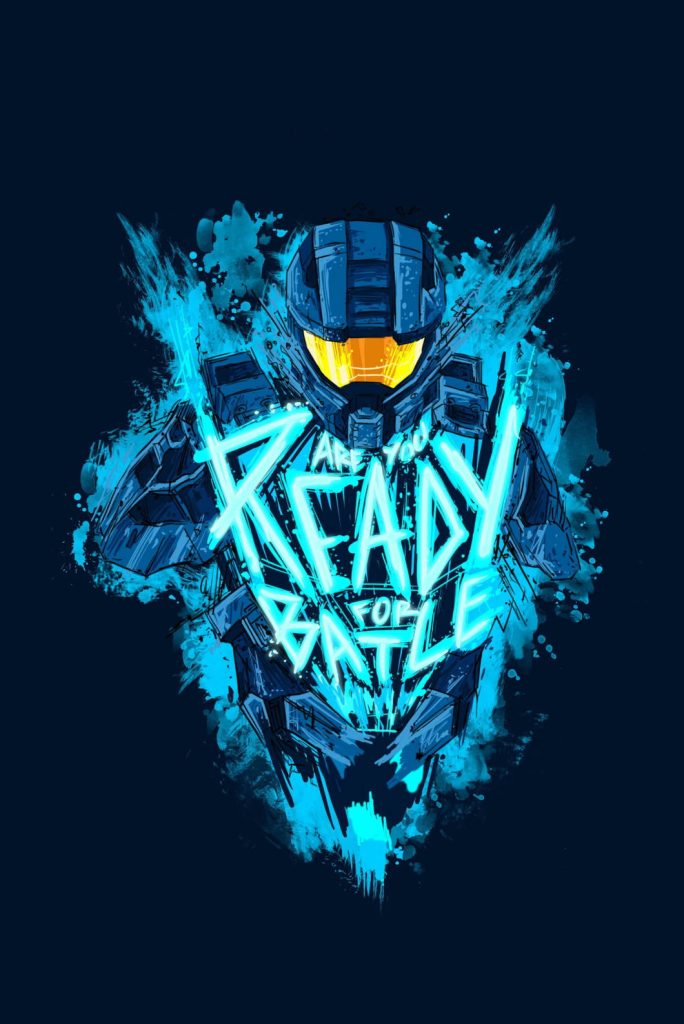 Halo wallpaper with blue Master Chief cyan splatters glowing orange visor neon battle text