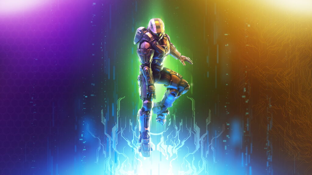 Halo Spartan in dynamic motion against vibrant digitized universe with glowing hexagonal energy Wallpaper