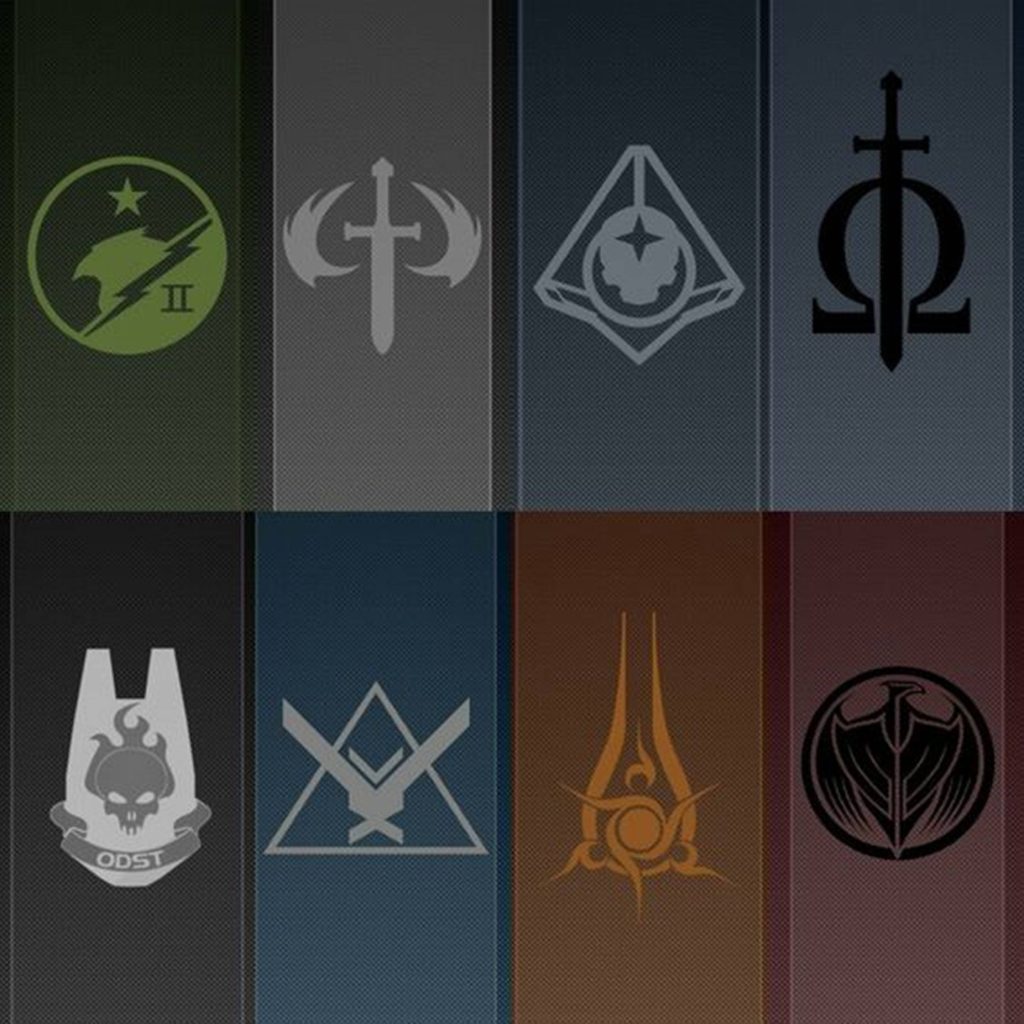 Halo wallpaper with eight faction logos including ODST skull and Spartan II emblem grid design