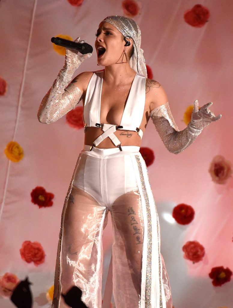 Halsey performing 2017 Billboard Music Awards white harness crop top sheer pants pink floral backdrop Wallpaper